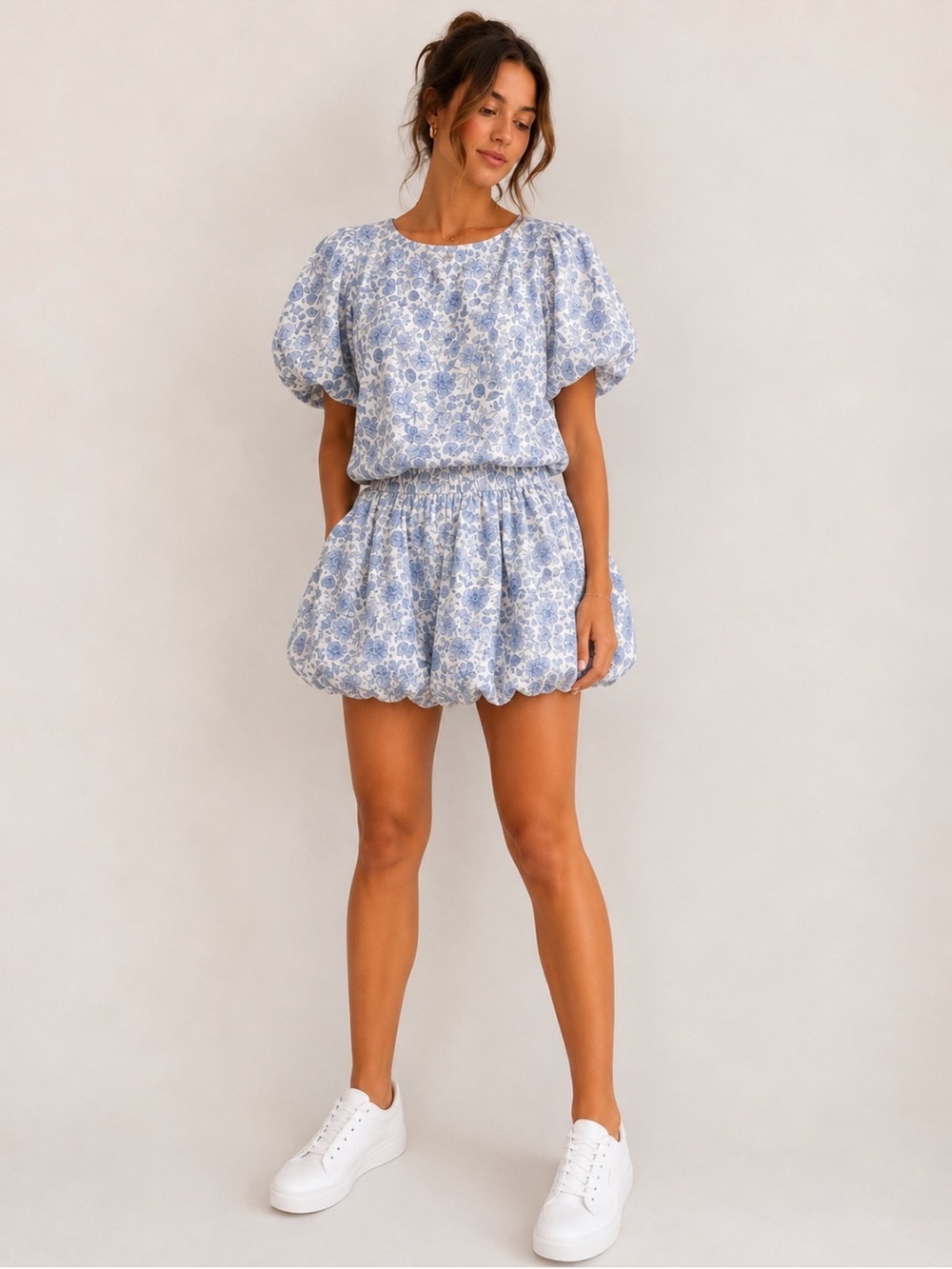 2 piece Gianni Bini Light Blue Floral Puff-Sleeve and bubble skirt